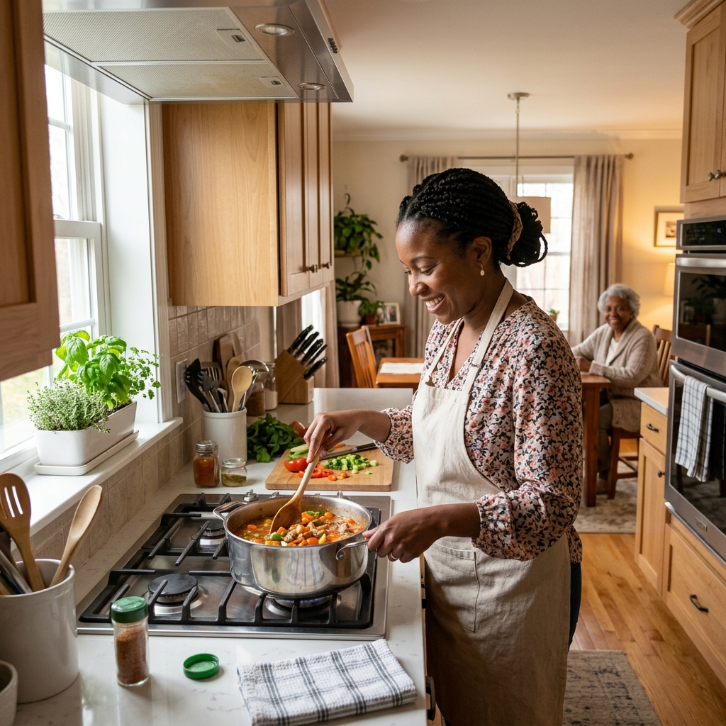 Caregiver preparing a home-cooked meal in bright kitchen