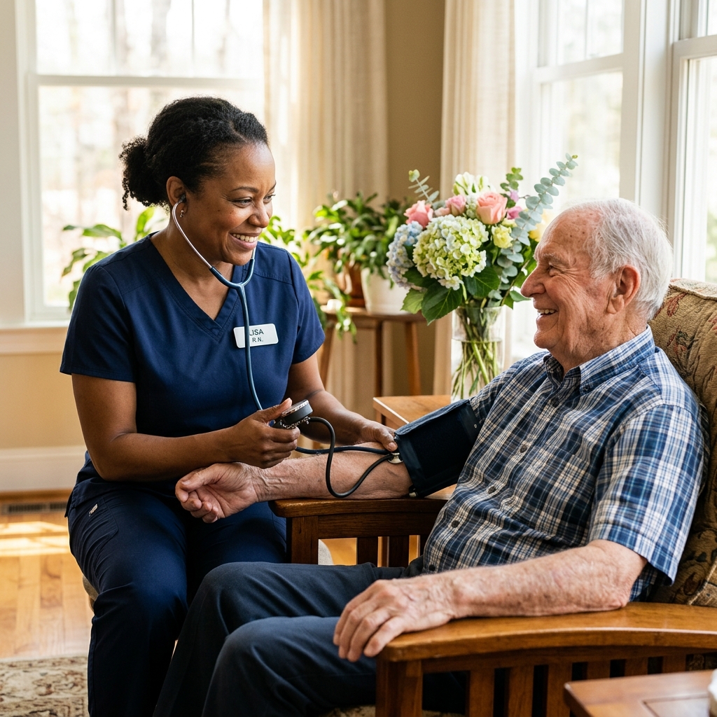 Nurse checking blood pressure of an elderly resident