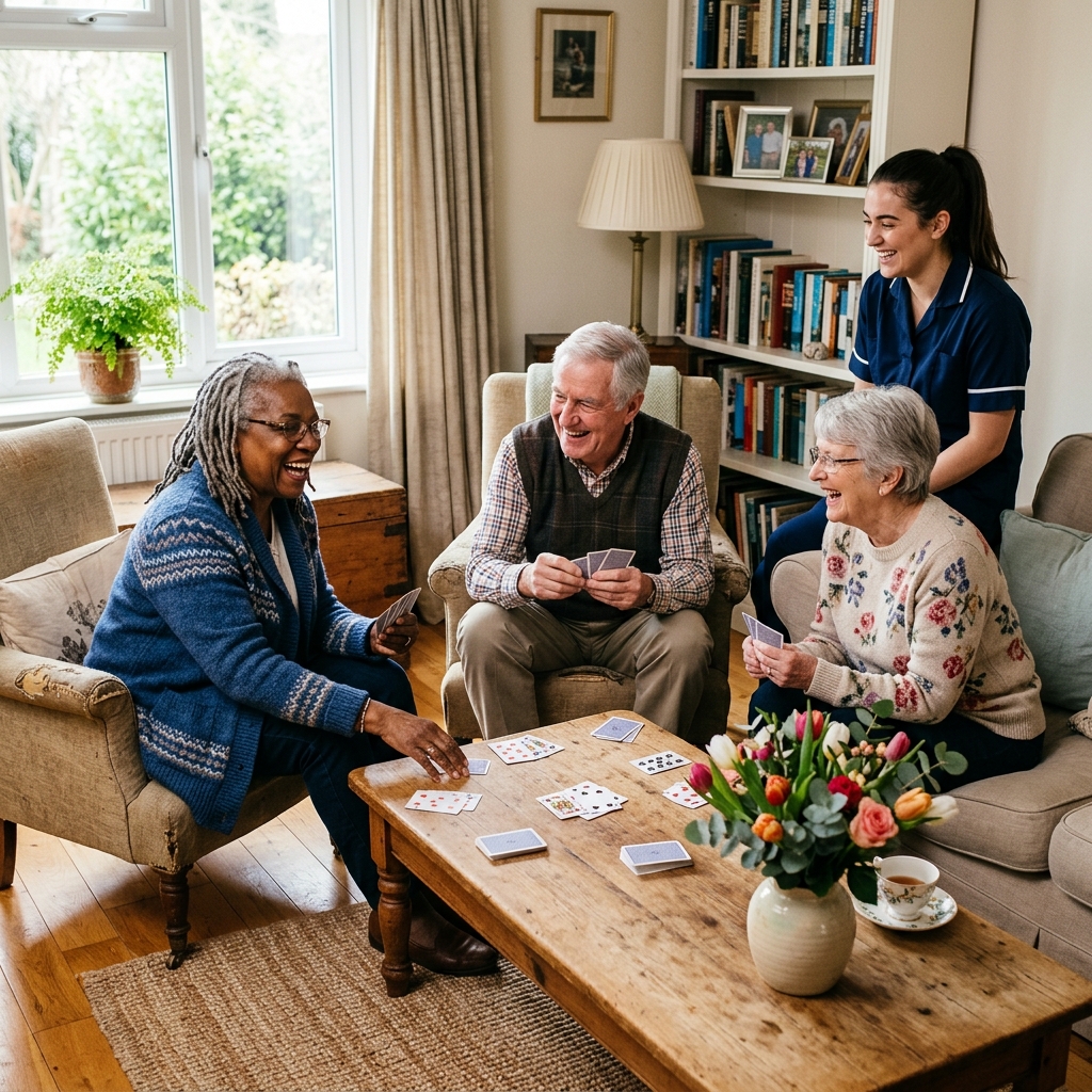 Diverse group of elderly residents playing cards together in living room