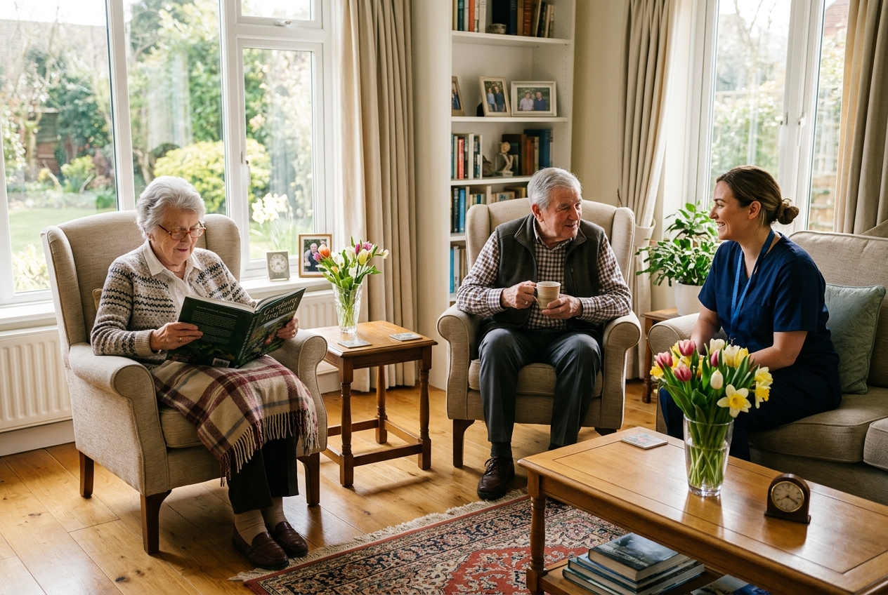 Elderly residents relaxing together in the living room