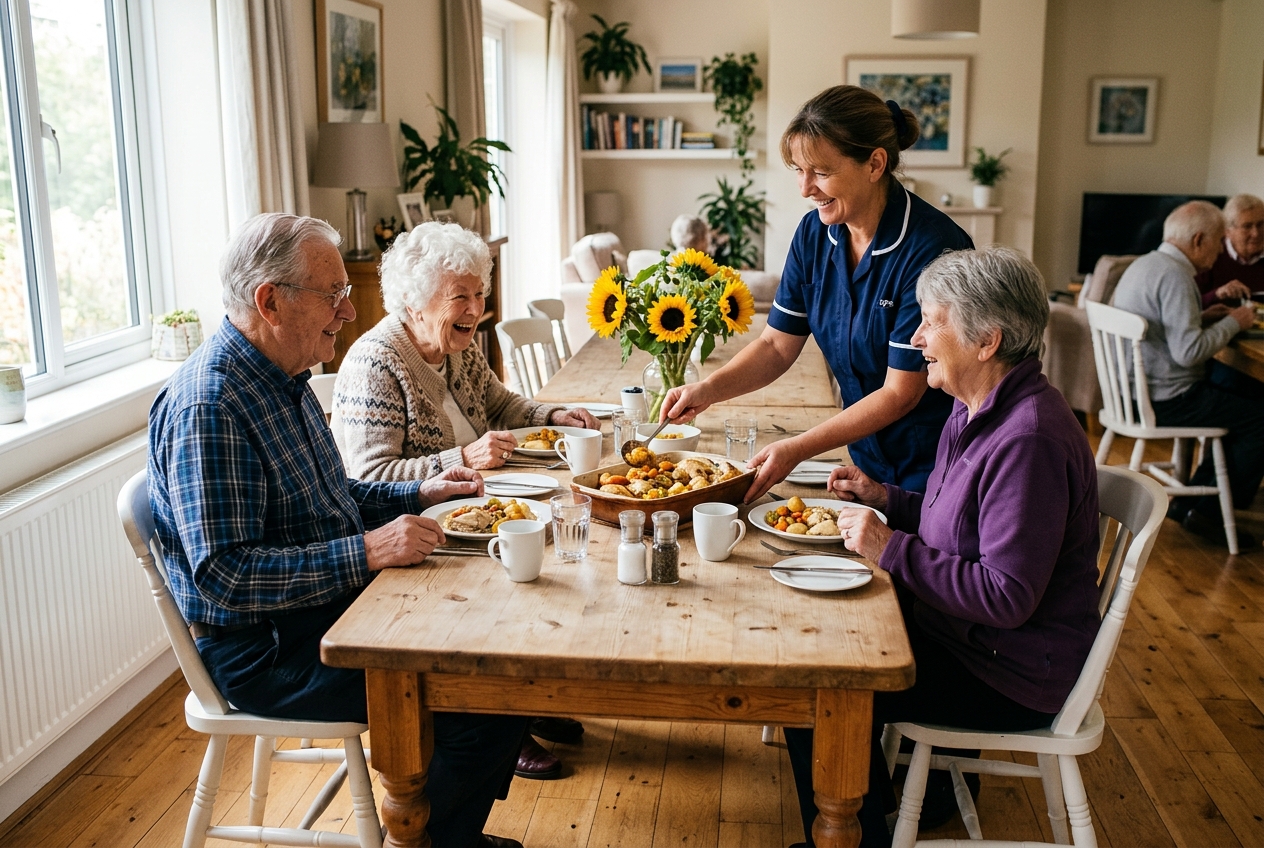 Elderly residents sharing a warm meal with caregiver at family dining table